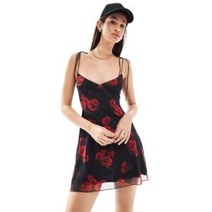 Bershka Rose Print Strappy Mini Dress Black Red Floral Y2K Romantic Going Out